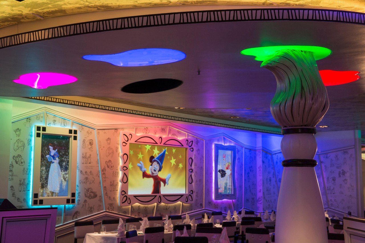 One of the most popular restaurants on the Disney ships, Animator's Palate on the Disney Magic is updated with all-new, animation-adorned walls and larger high-definition flat-screens to provide the best views of the animation magic that takes place all around. At Animator’s Palate, the room comes to life as guests are immersed in the wonder of Disney animation during magical interactive dinner shows. (Jimmy DeFlippo, photographer)