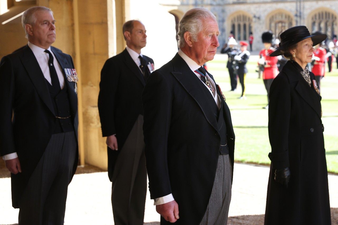 WINDSOR, ENGLAND - APRIL 17: Prince Andrew, Duke of York, Prince Edward, Earl of Wessex, Prince Charles, Prince of Wales and Princess Anne, Princess Royal during the funeral of Prince Philip, Duke of Edinburgh at Windsor Castle on April 17, 2021 in Windsor, England. Prince Philip of Greece and Denmark was born 10 June 1921, in Greece. He served in the British Royal Navy and fought in WWII. He married the then Princess Elizabeth on 20 November 1947 and was created Duke of Edinburgh, Earl of Merioneth, and Baron Greenwich by King VI. He served as Prince Consort to Queen Elizabeth II until his death on April 9 2021, months short of his 100th birthday. His funeral takes place today at Windsor Castle with only 30 guests invited due to Coronavirus pandemic restrictions. (Photo by Chris Jackson/WPA Pool/Getty Images)