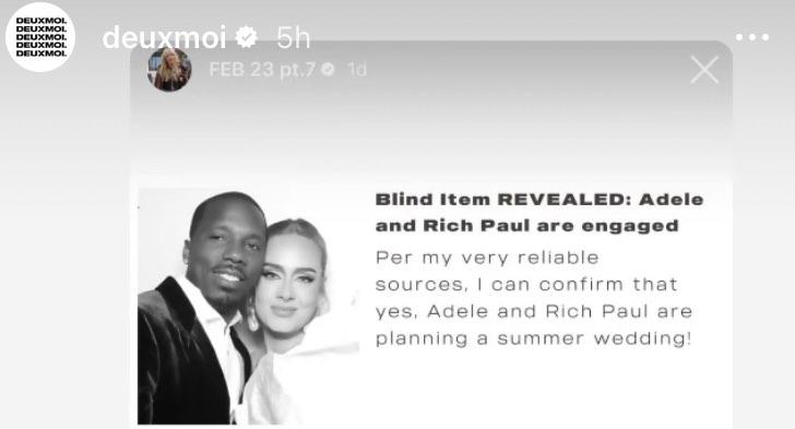 Deux Moi's instagram story with "very reliable source" saying Adele and Rich Paul "are engaged"