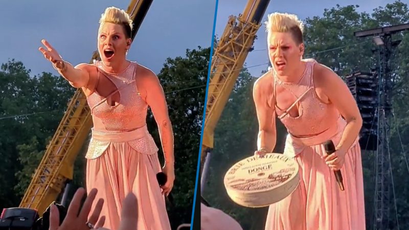 Fan gives Pink a giant wheel of cheese mid-concert, which is better than a bag of ashes
