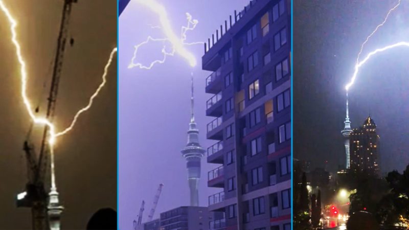 Aucklanders share crazy footage of lightning striking the Sky Tower during storm