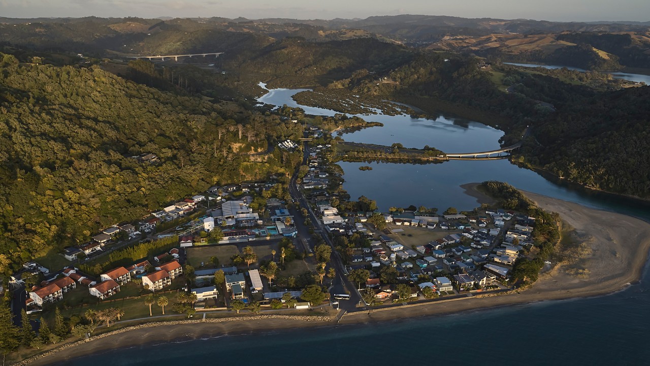 An aerial photo of the North Auckland town of Waiwera. 