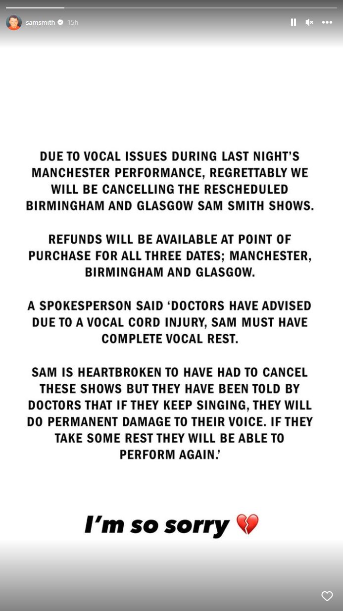 Sam Smith cancels rest of UK tour due to 'vocal cord injury'